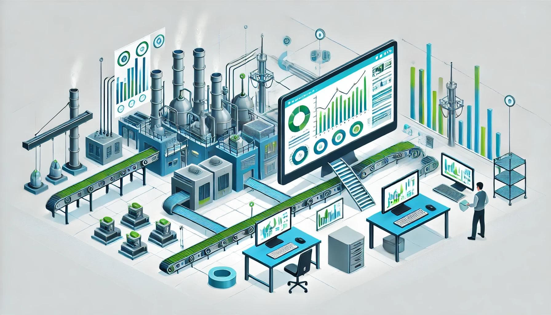 Smart factory illustration showing production monitoring and data analytics